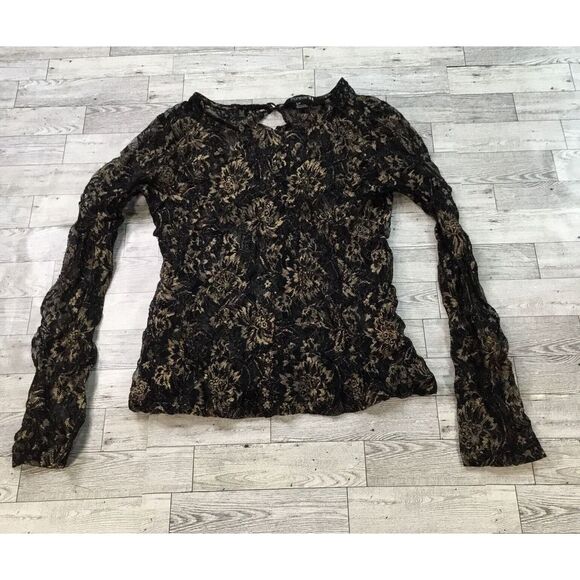 Forever 21 Lace Top Floral Long Sleeve Sheer Blouse Black Gold S/P‎ - Picture 1 of 8